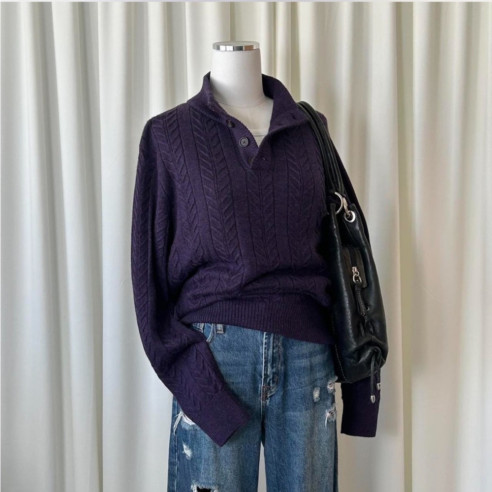 Ben Silver Charleston 100% Royal Alpaca Cable Knit Sweater Deep Purple Mens M - Picture 6 of 8